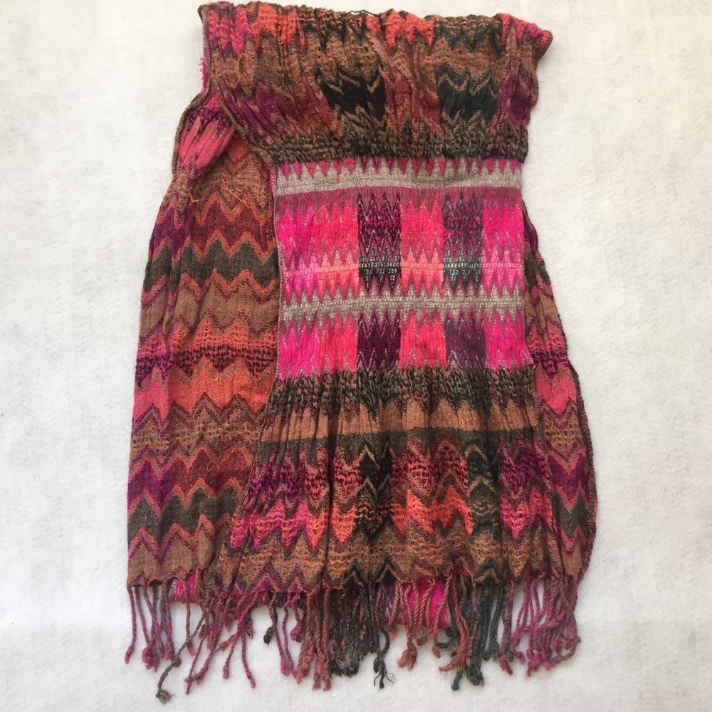 Scarf with fringe boho geometric multi color knit